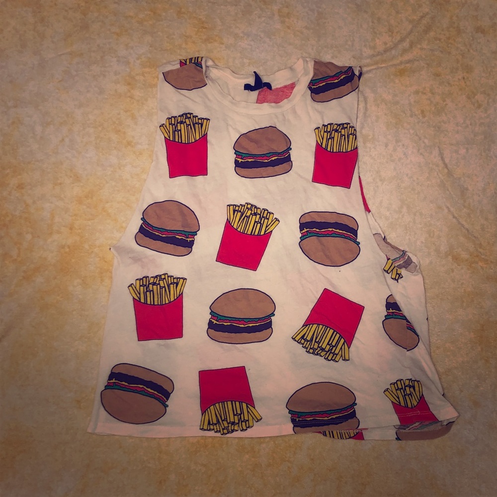 Forever 21 Burger Frys Pattern White Tank Top
